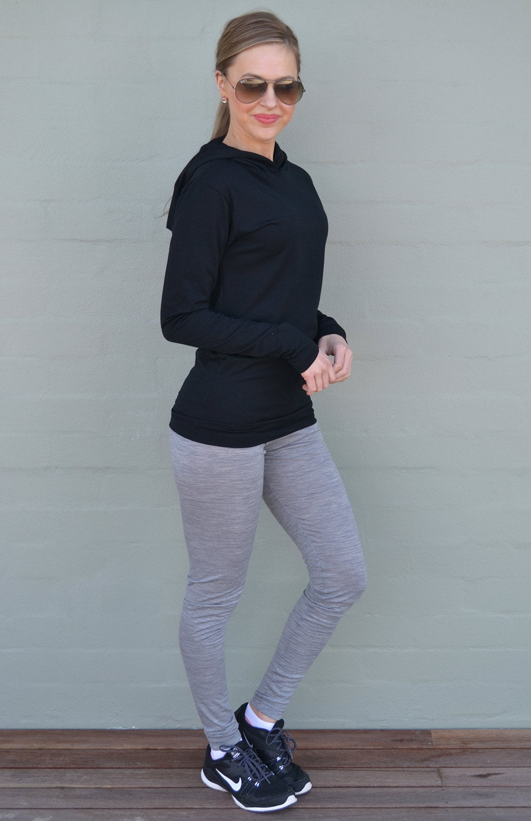 Black Women's Merino Wool Long Sleeve Crew Neck Top with Hood and D Pocket