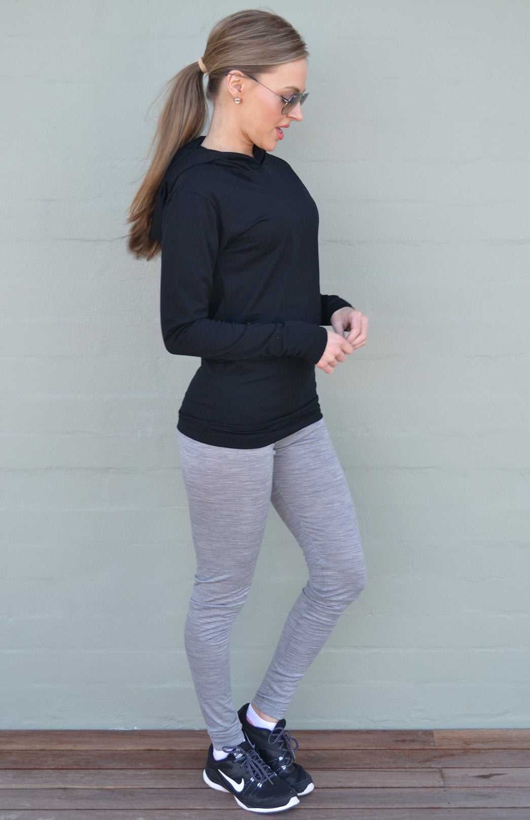 Black Women's Merino Wool Long Sleeve Crew Neck Top with Hood and D Pocket