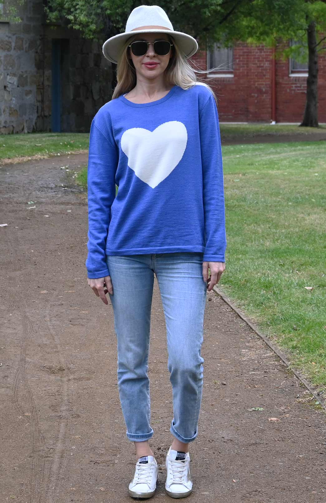 Blue Heart Women's Fine Knit Merino Wool Crew Neck Jumper with Heart