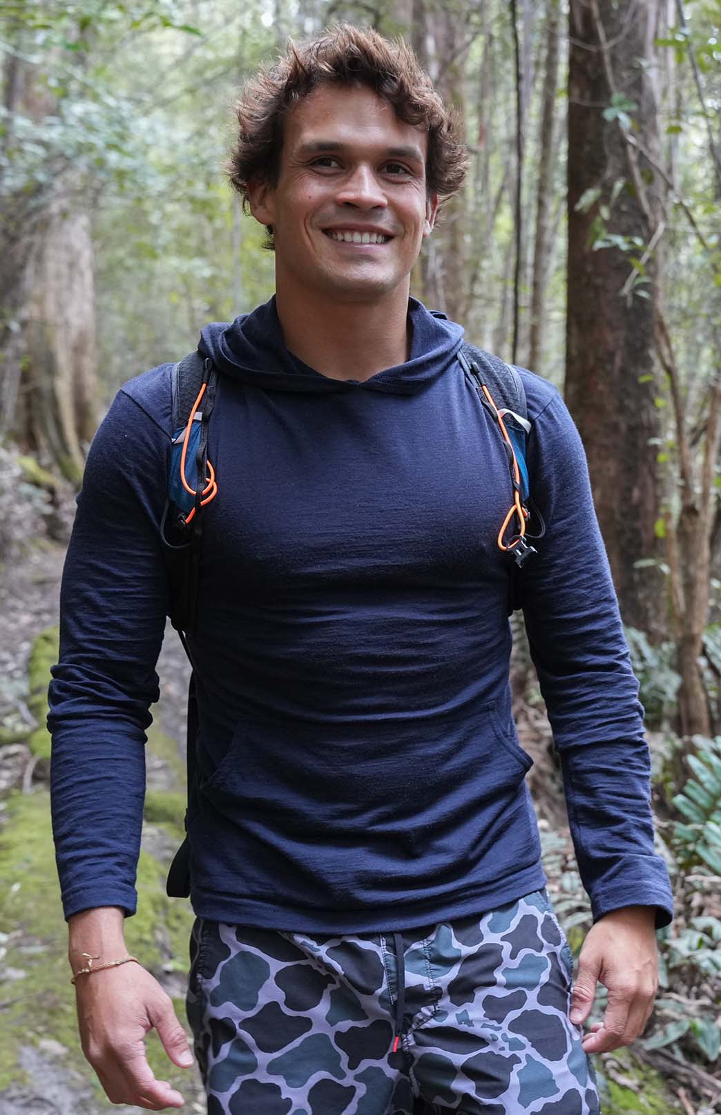 Navy Blue Women&#39;s Merino Wool Long Sleeve Crew Neck Top with Hood and D Pocket
