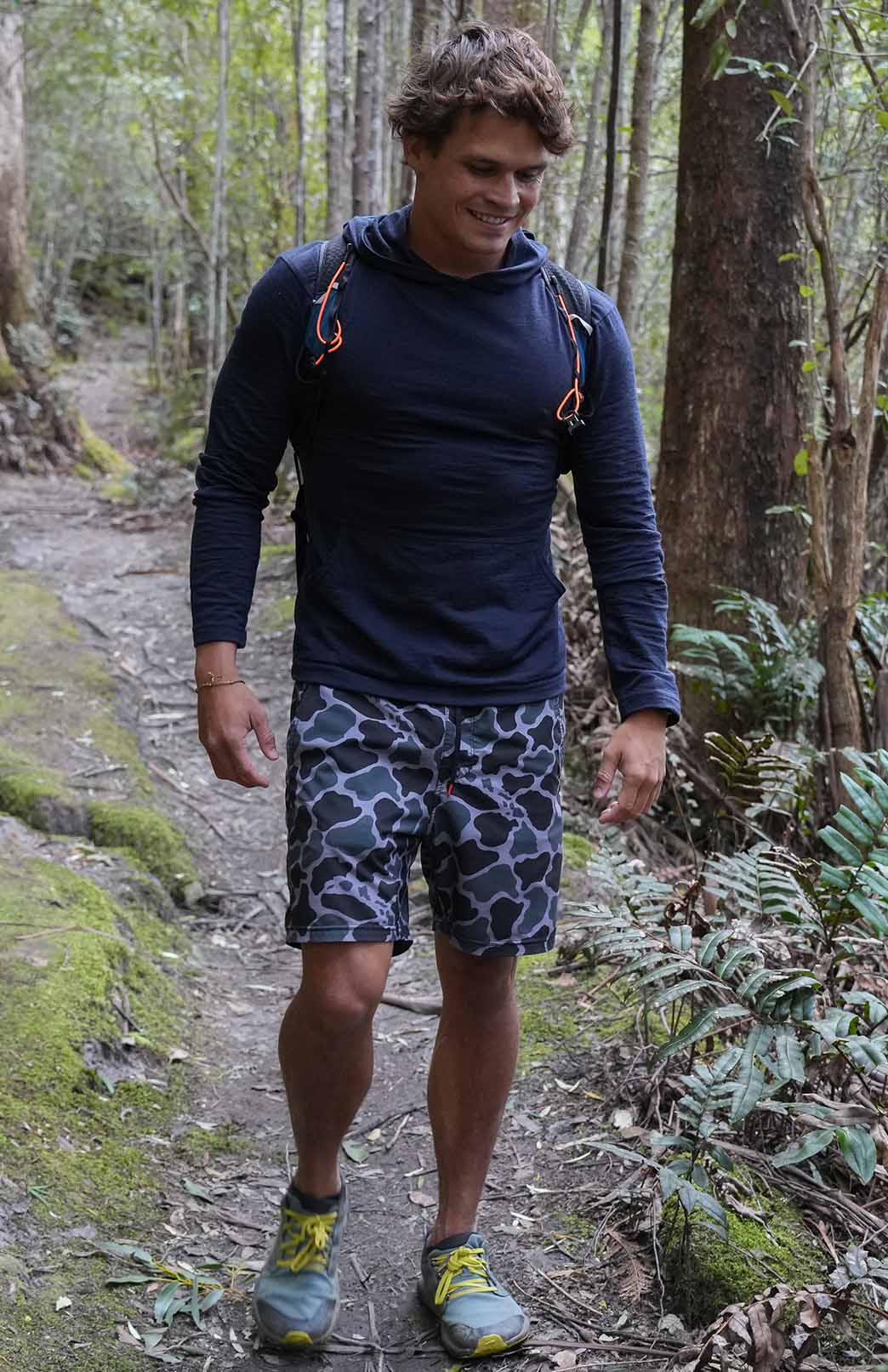 Navy Blue Women's Merino Wool Long Sleeve Crew Neck Top with Hood and D Pocket