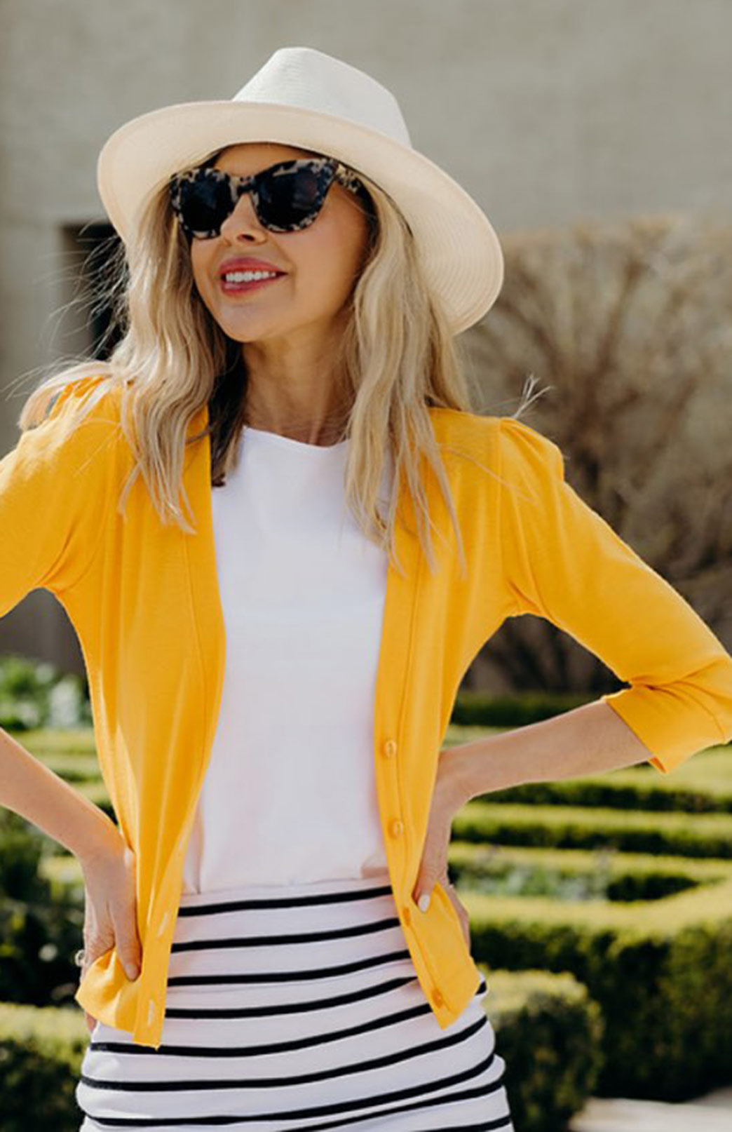 Marigold Yellow Women's Merino Wool Crop Cardigan with 3/4 Sleeves