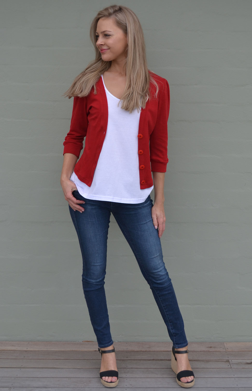 Chilli Red Women's Merino Wool Crop Cardigan with 3/4 Sleeves