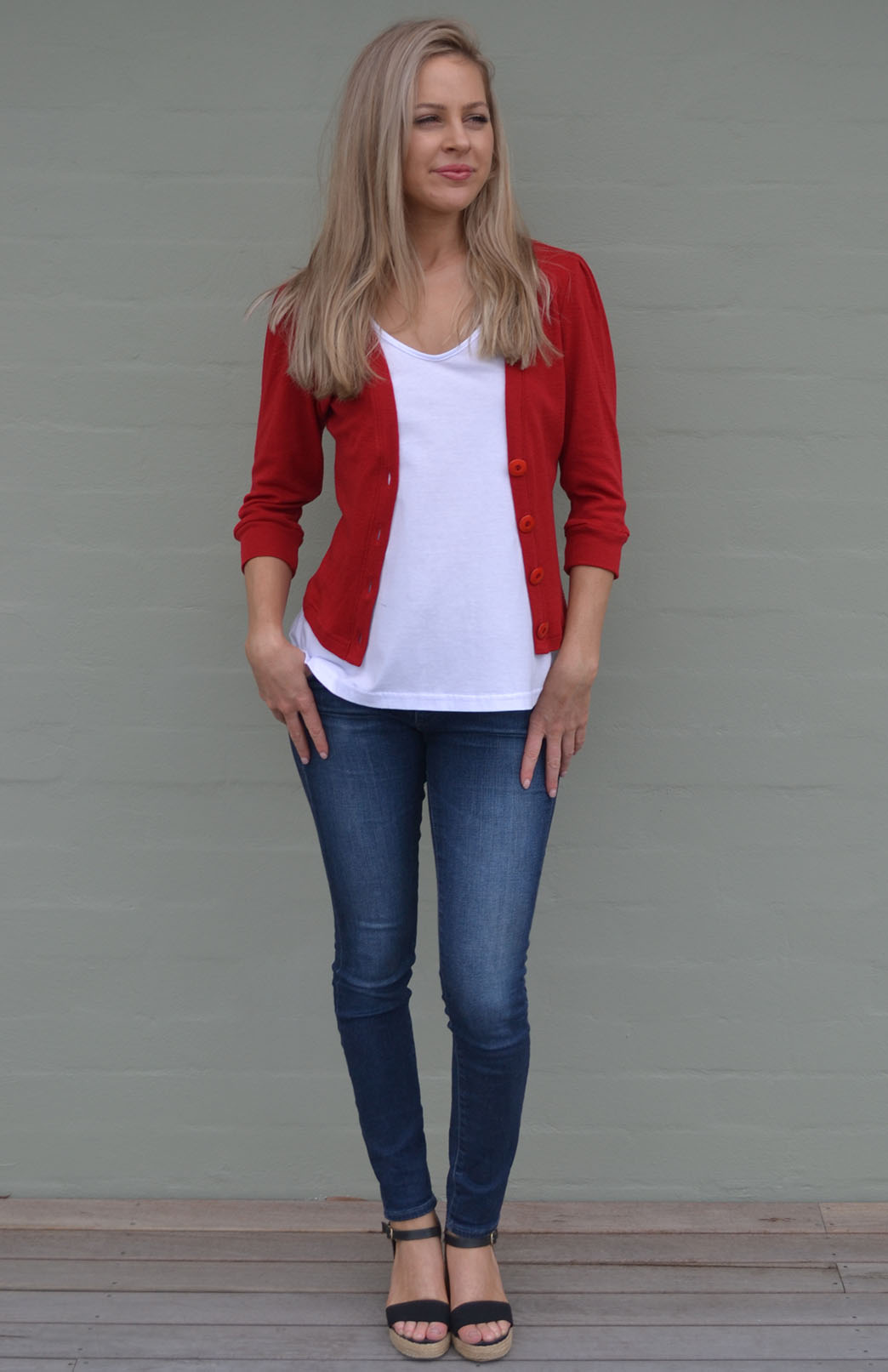 Chilli Red Women's Merino Wool Crop Cardigan with 3/4 Sleeves