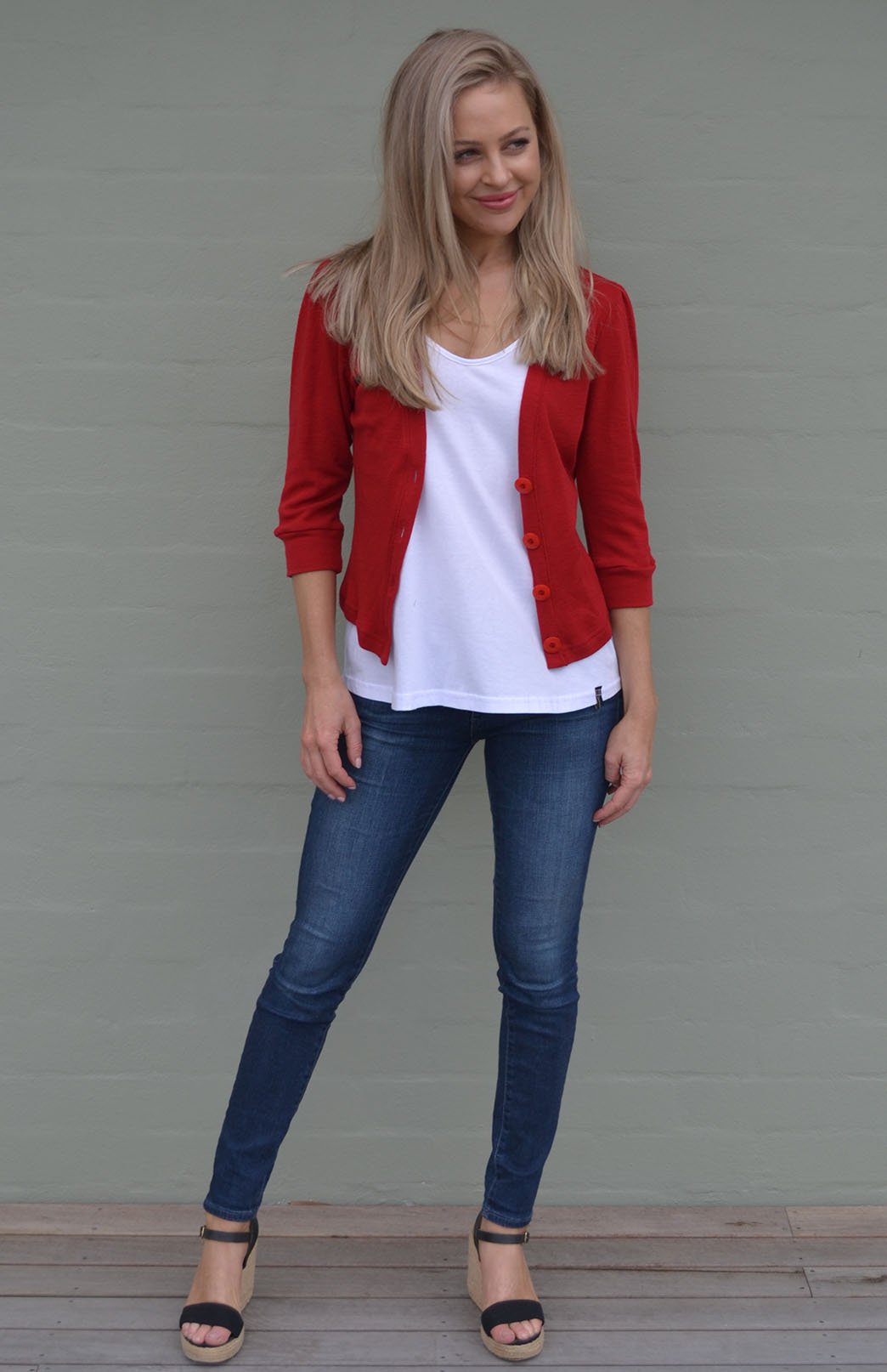 Chilli Red Women's Merino Wool Crop Cardigan with 3/4 Sleeves