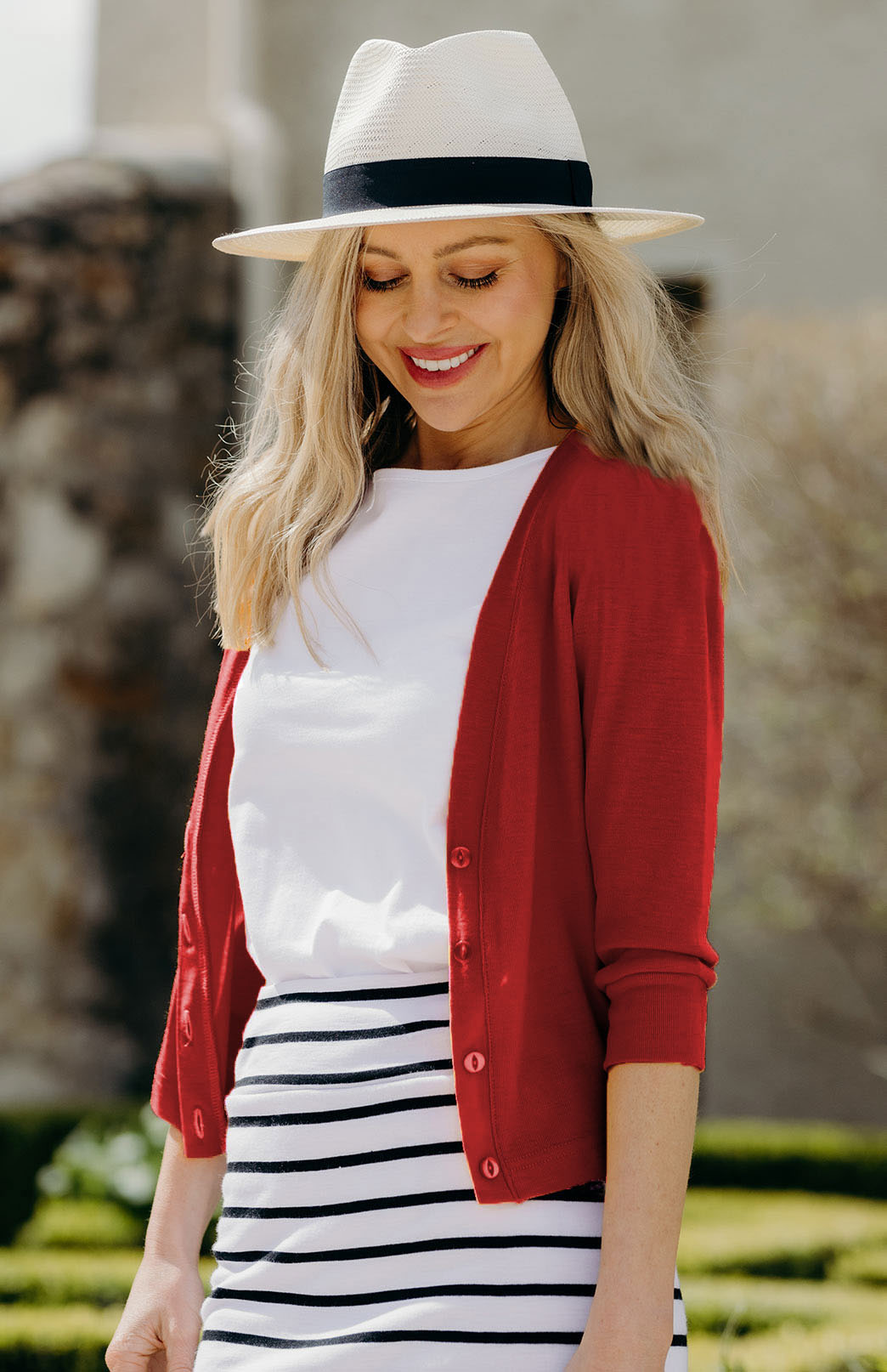 Chilli Red Women's Merino Wool Crop Cardigan with 3/4 Sleeves