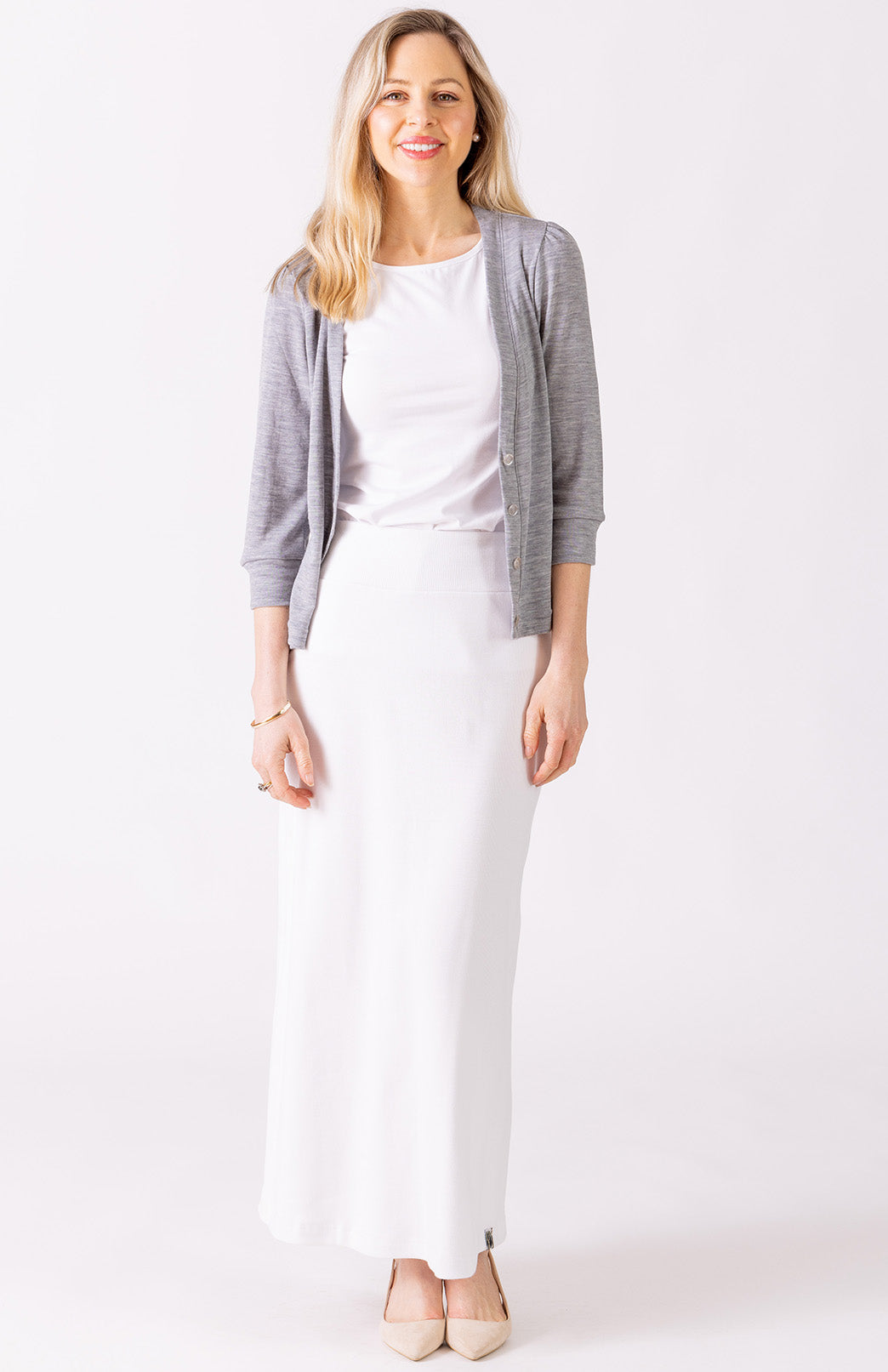 Light Grey Marl Women's Merino Wool Crop Cardigan with 3/4 Sleeves