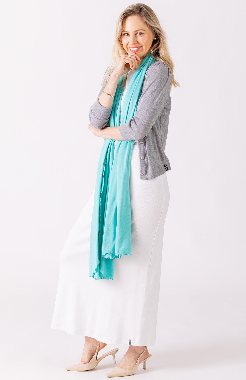 Light Grey Marl Women's Merino Wool Crop Cardigan with 3/4 Sleeves