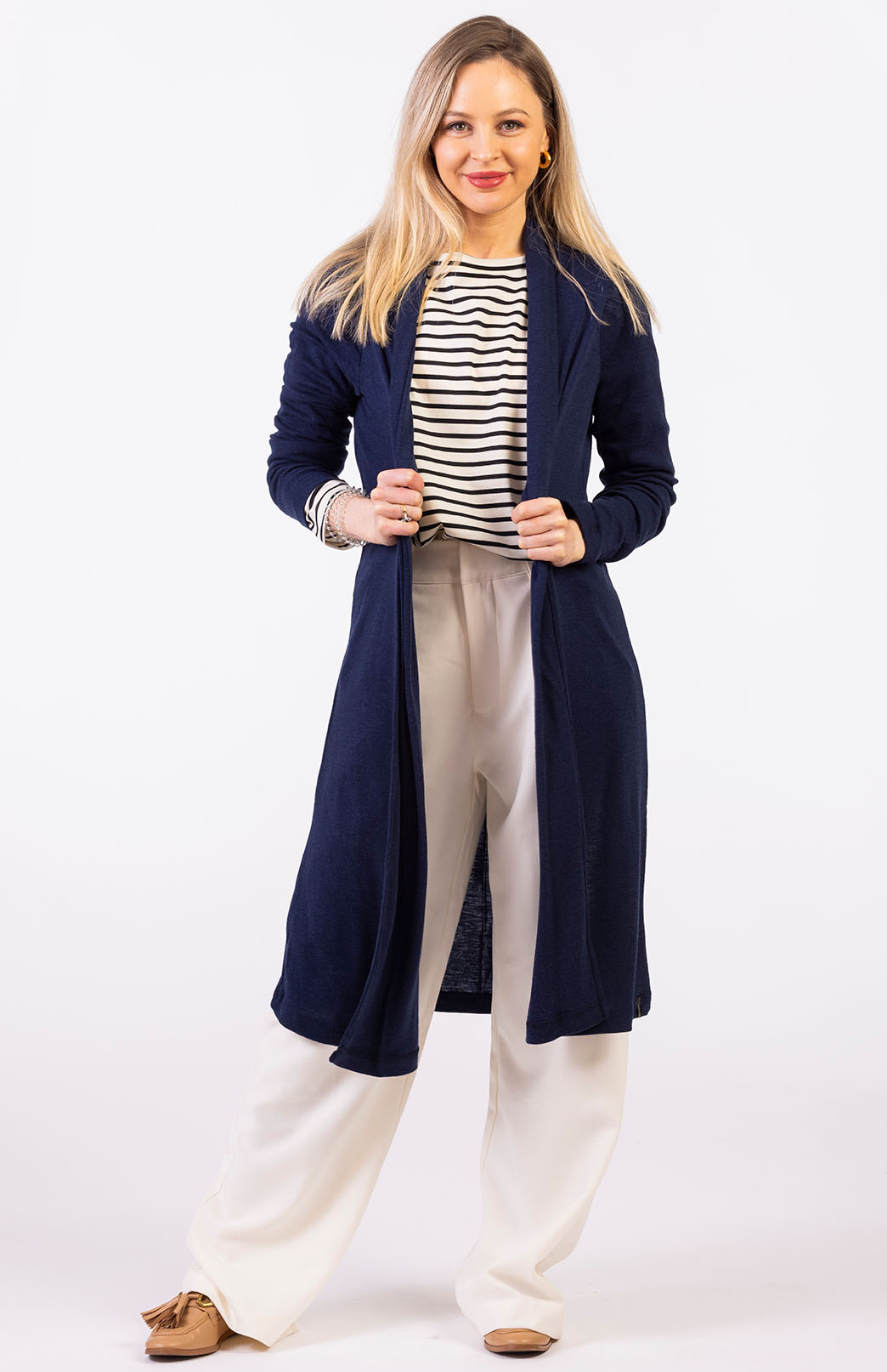 French Navy Blue Women's Merino Wool Long Drape Cardigan