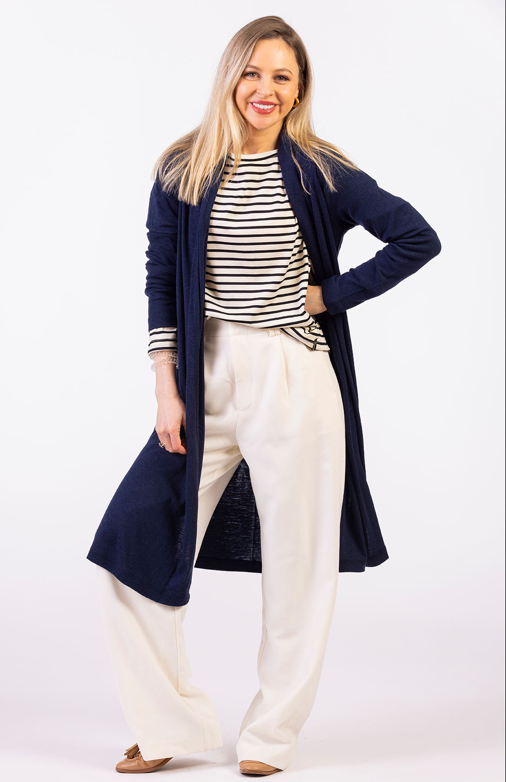 French Navy Blue Women&#39;s Merino Wool Long Drape Cardigan

