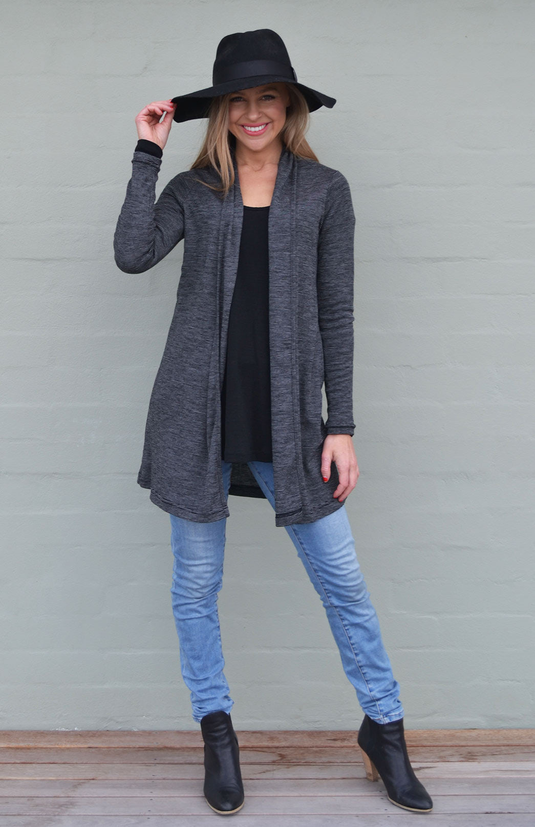 Black Pinstripe Women's Merino Wool Drape Cardigan