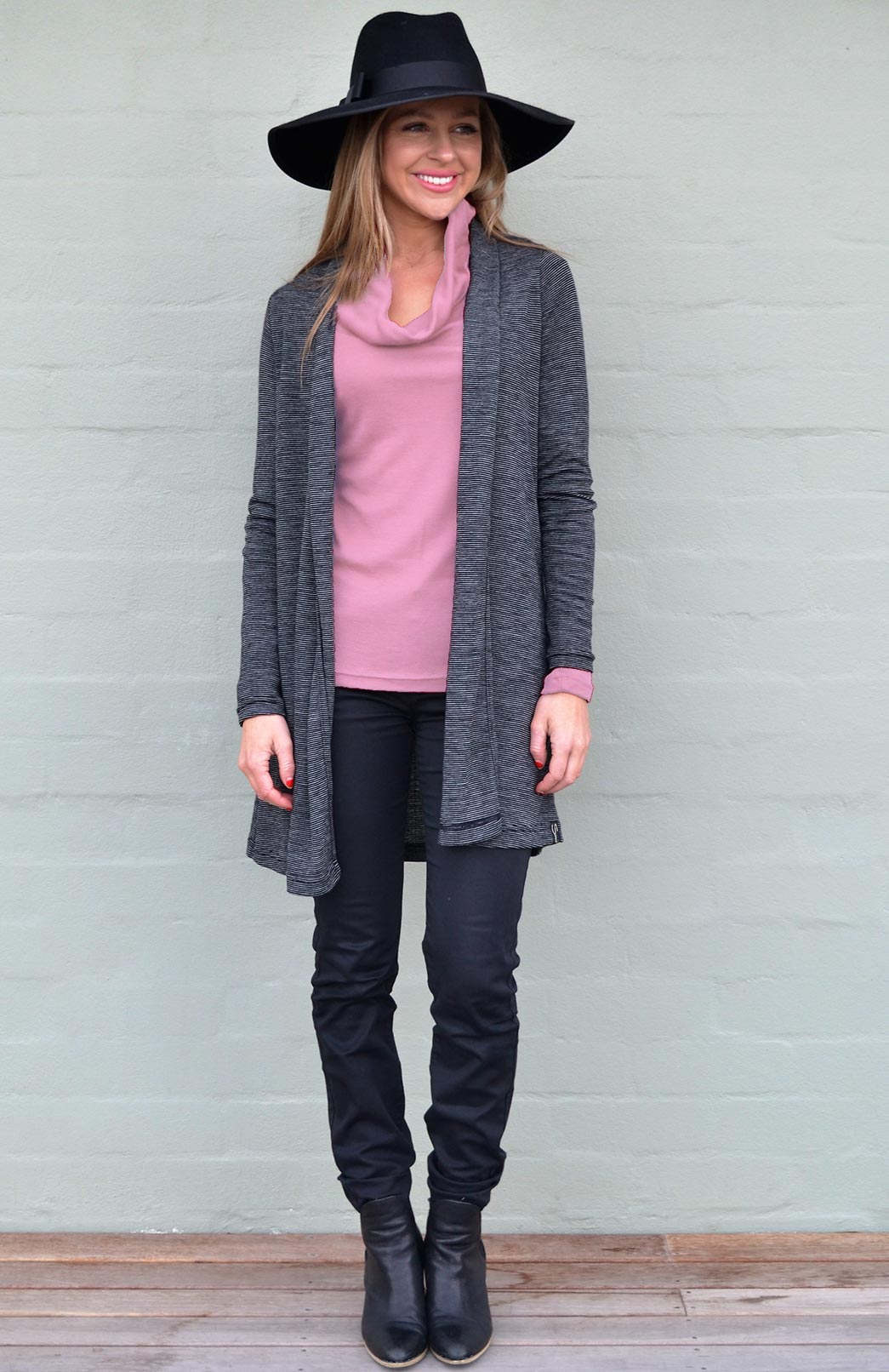 Black Pinstripe Women's Merino Wool Drape Cardigan