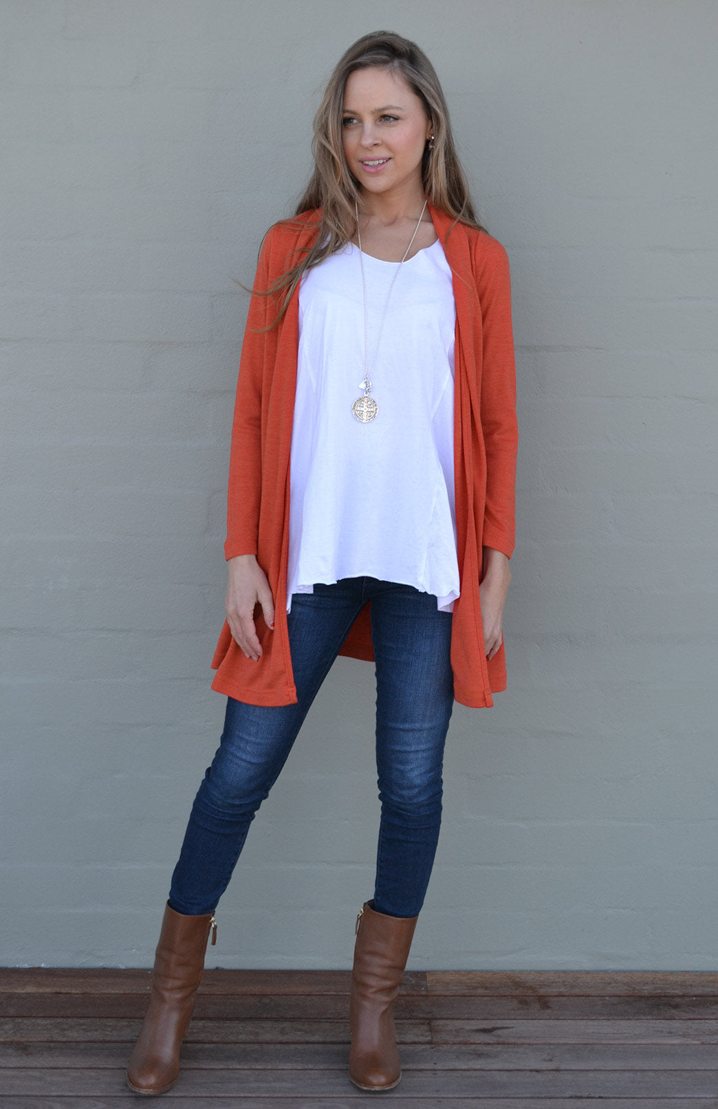 Burnt Orange Women's Merino Wool Drape Cardigan
