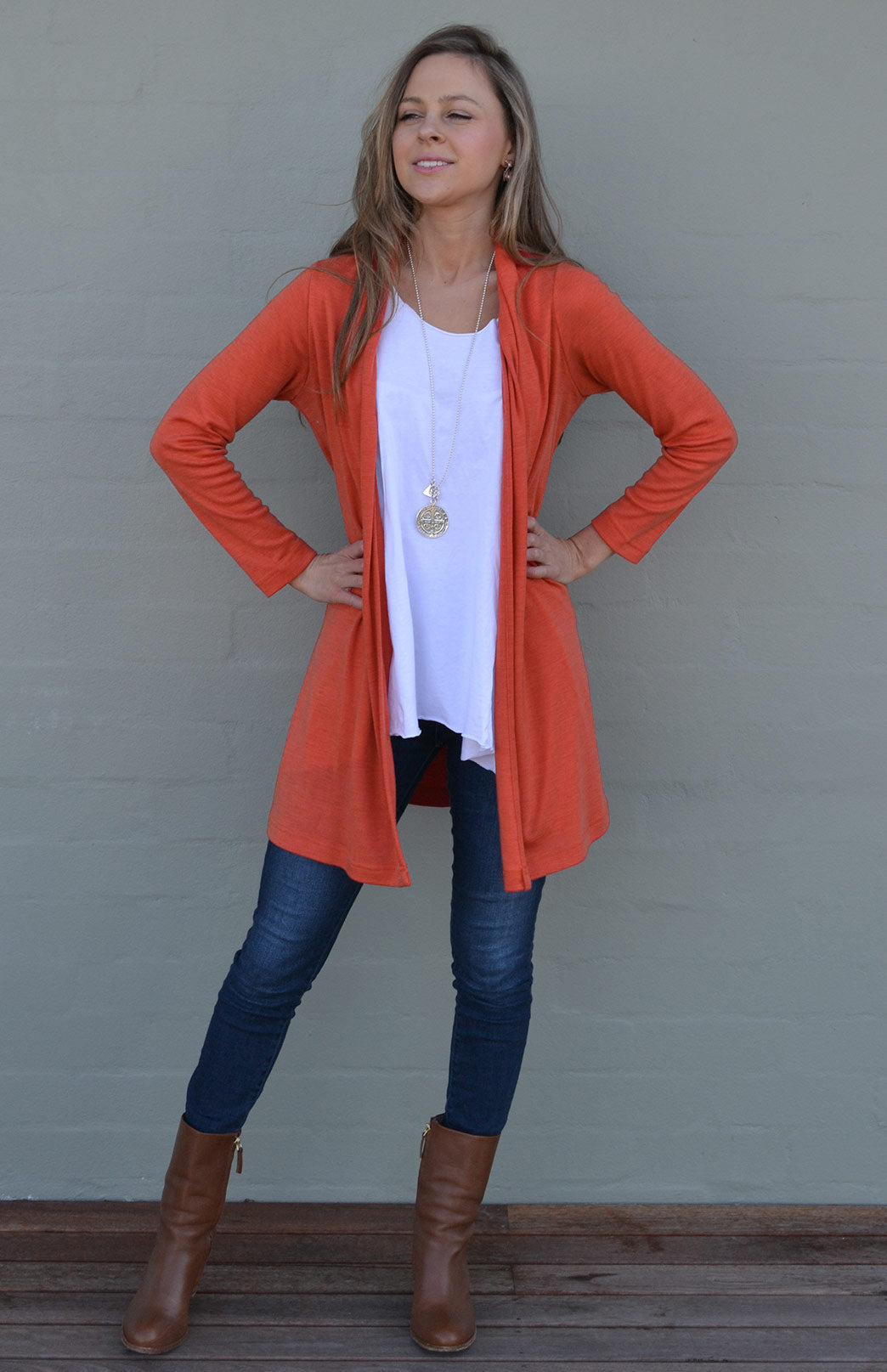 Burnt Orange Women's Merino Wool Drape Cardigan