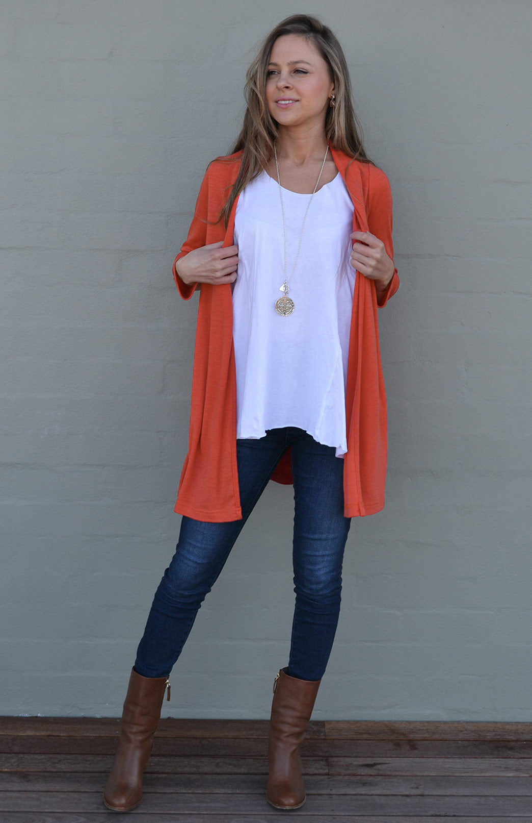Burnt Orange Women's Merino Wool Drape Cardigan