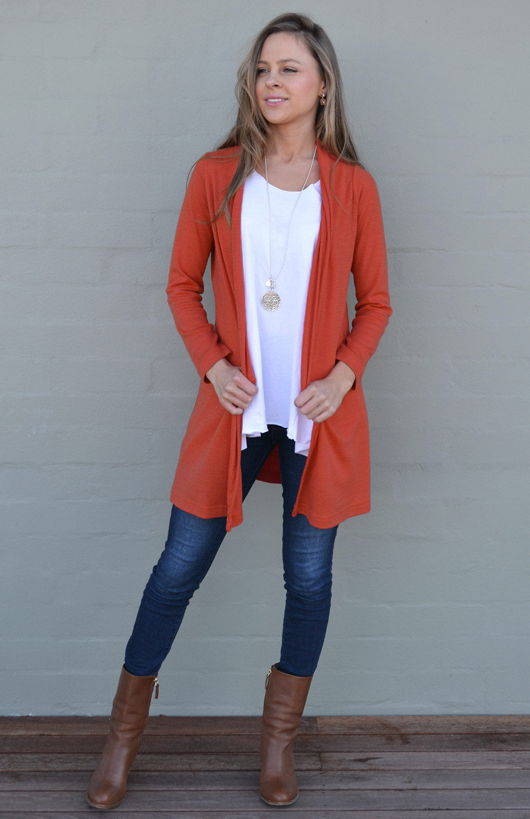 Burnt Orange Women's Merino Wool Drape Cardigan