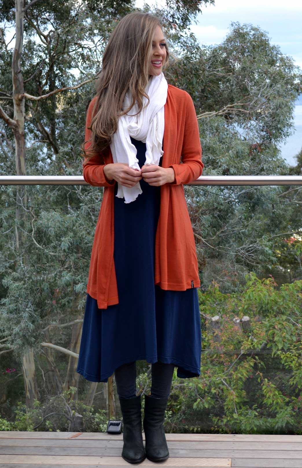 Burnt Orange Women's Merino Wool Drape Cardigan
