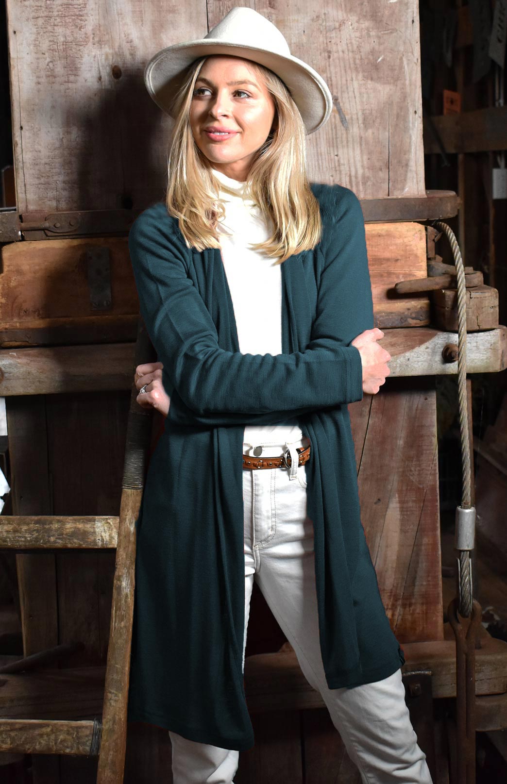 Deep Sea Green Women's Merino Wool Drape Cardigan