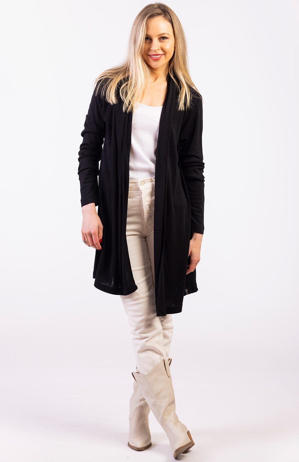 Black Women's Merino Wool Drape Cardigan
