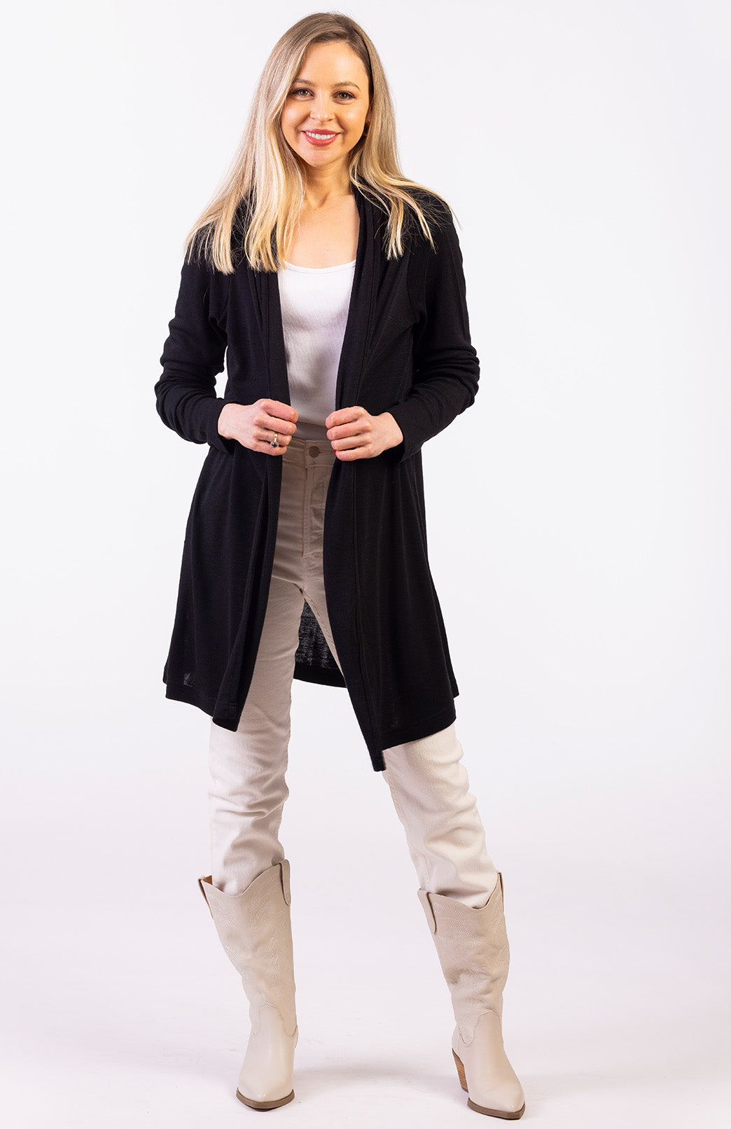 Black Women's Merino Wool Drape Cardigan
