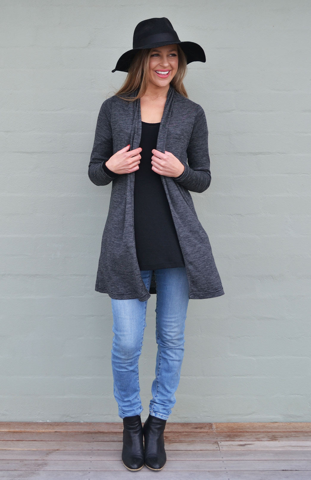 Black Pinstripe Women&#39;s Merino Wool Drape Cardigan
