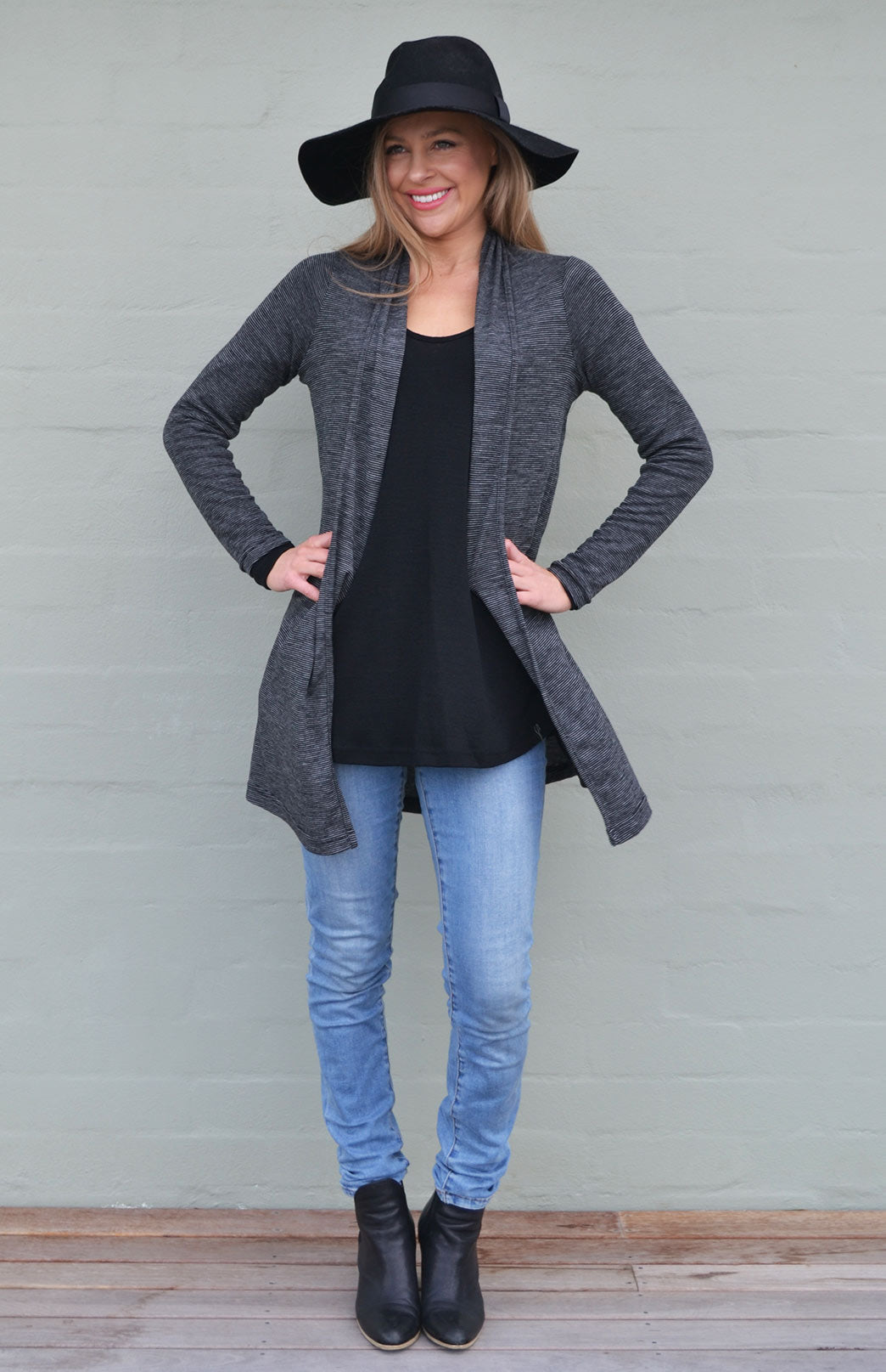 Black Pinstripe Women&#39;s Merino Wool Drape Cardigan

