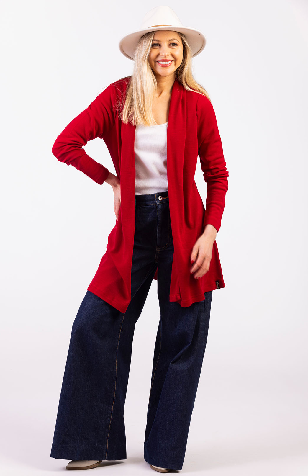 Chilli Red Women's Merino Wool Drape Cardigan