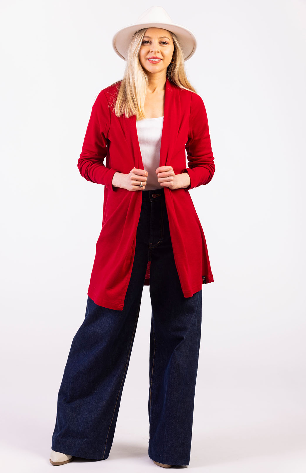 Chilli Red Women's Merino Wool Drape Cardigan