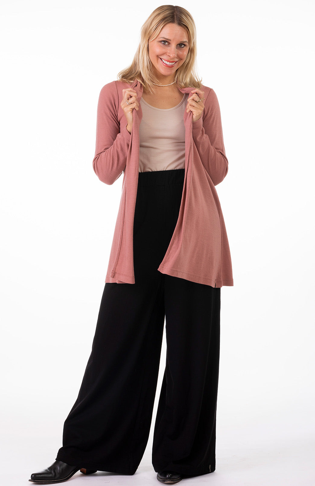 Black Women's Merino Wool Wide Leg Pants with Pockets