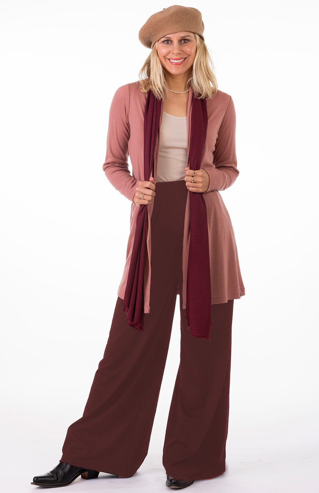 Burgundy Red Women&#39;s Merino Wool Wide Leg Pants with Pockets
