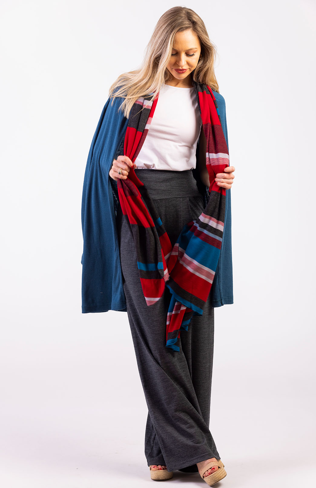 Teal Chilli Red Multi Stripe Women's Merino Wool Multi Striped Scarf