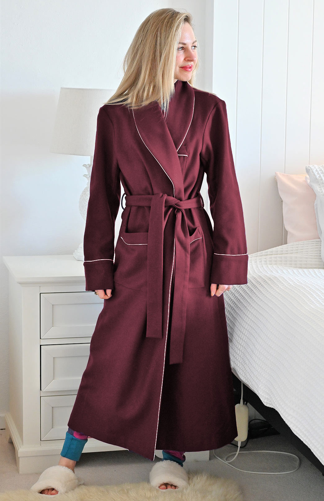 Burgundy Red with Ivory Piping Superfine Merino Wool Dressing Gown