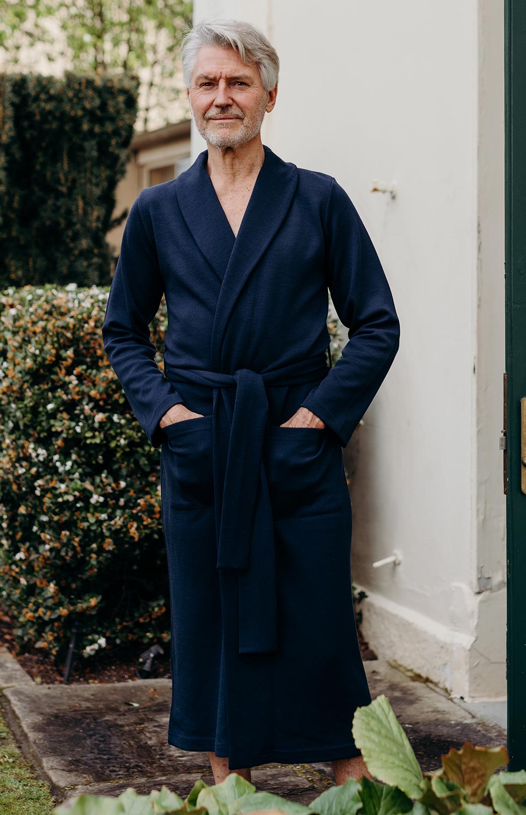 French Navy Marl Superfine Merino Wool Men&#39;s Dressing Gown
