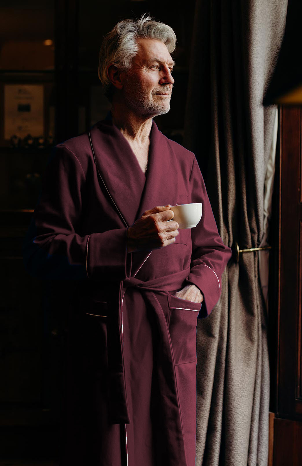 Burgundy Red with Ivory Piping Superfine Merino Wool Nightgown 