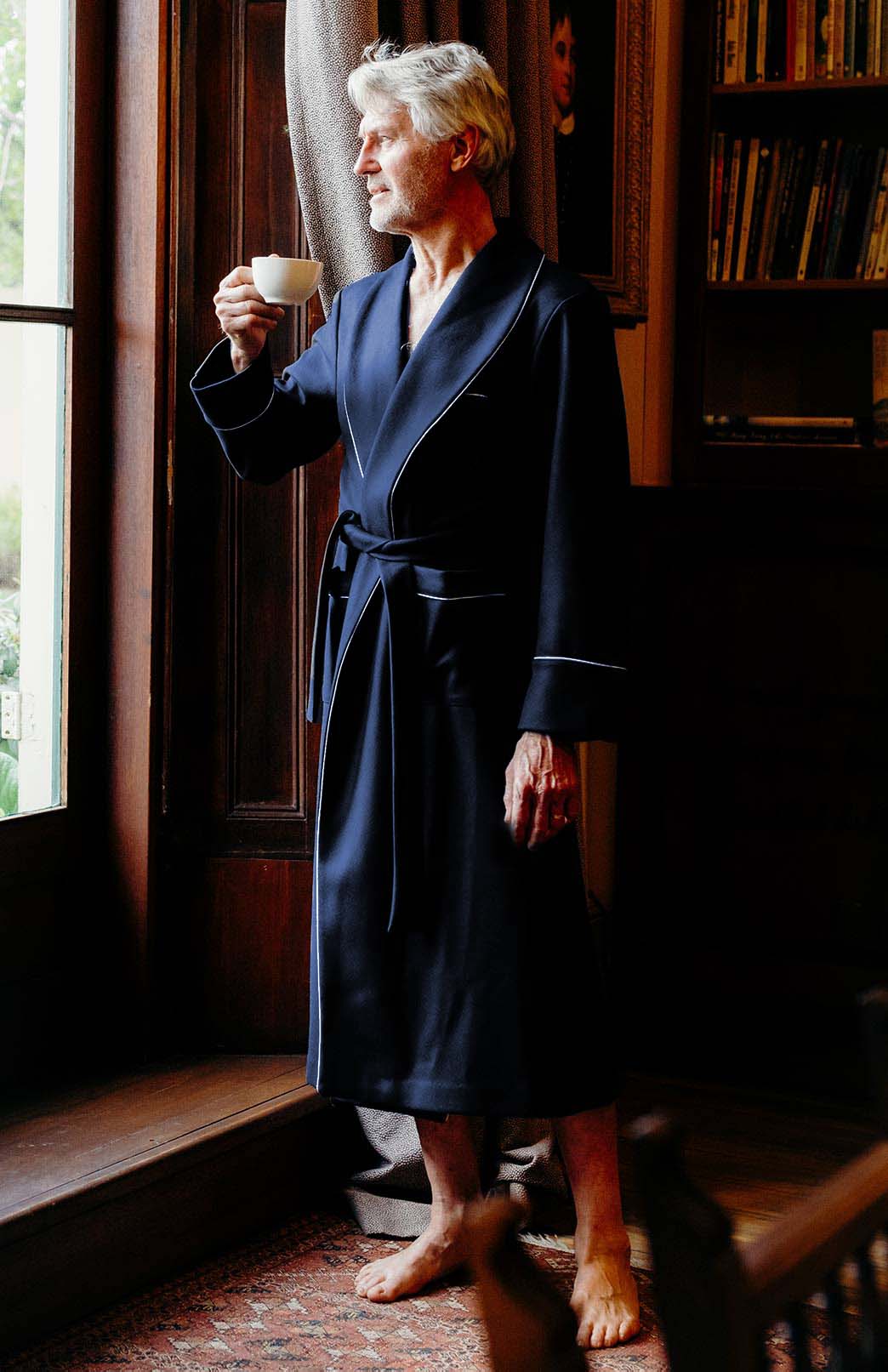 Navy Blue with Ivory Piping Superfine Merino Wool Nightgown 
