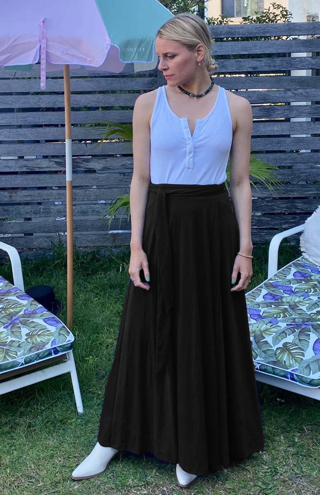 Black Women's Merino Wool Wrap Skirt with pockets