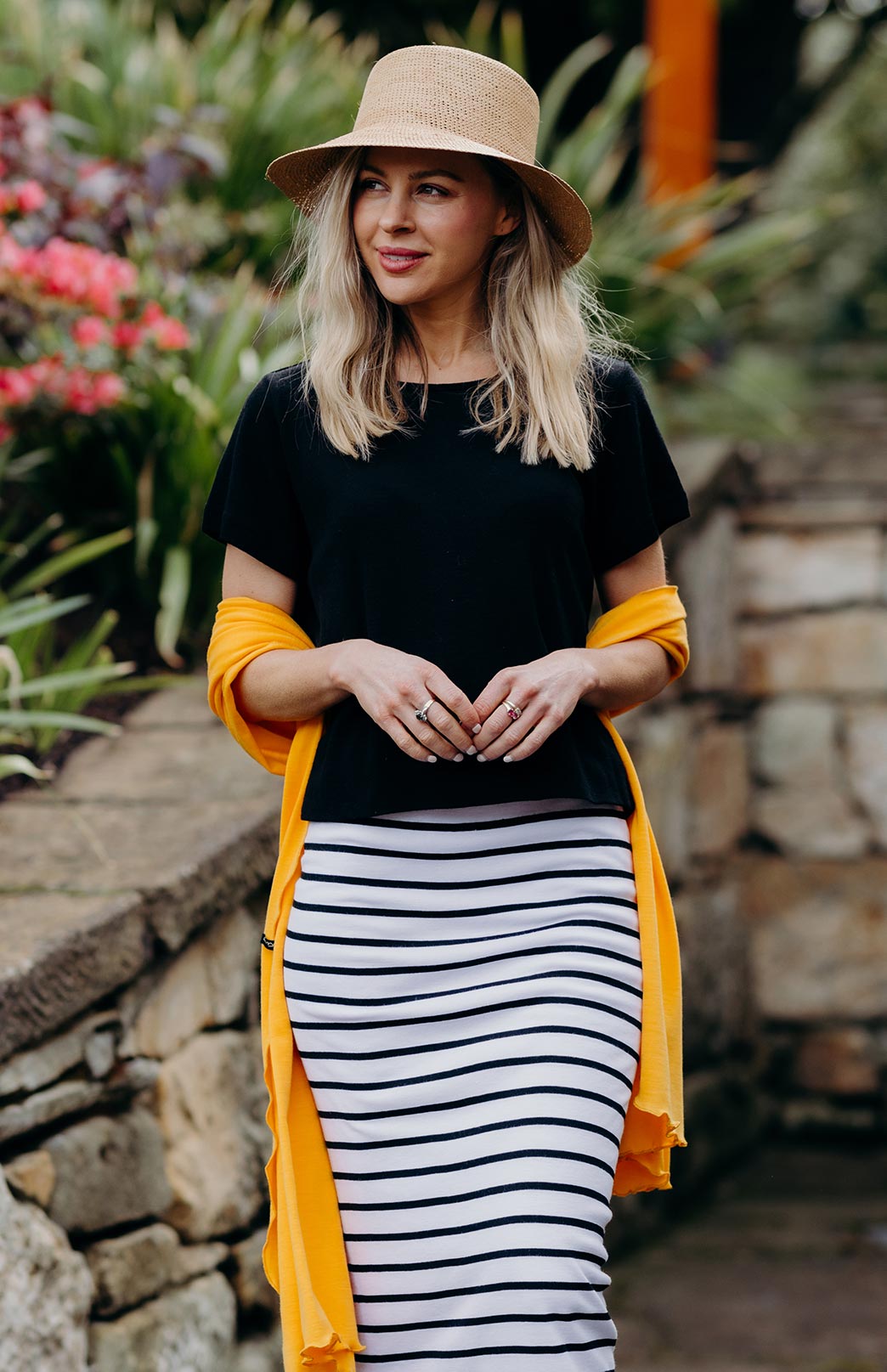 White & Black French Stripe Women's Merino Wool Long Tube Skirt