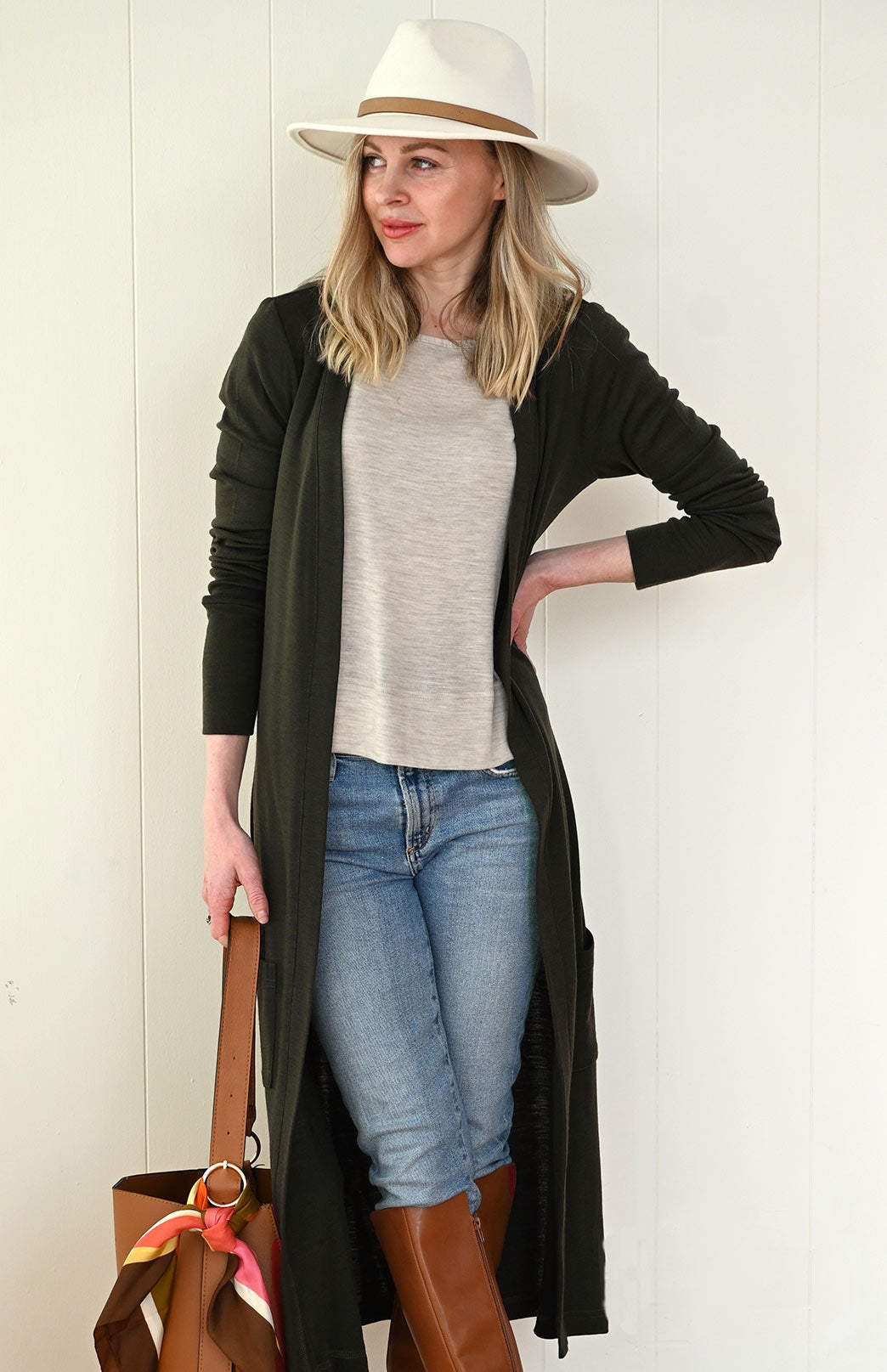 Kale Green Women's Slimline Long Cardigan with side pockets