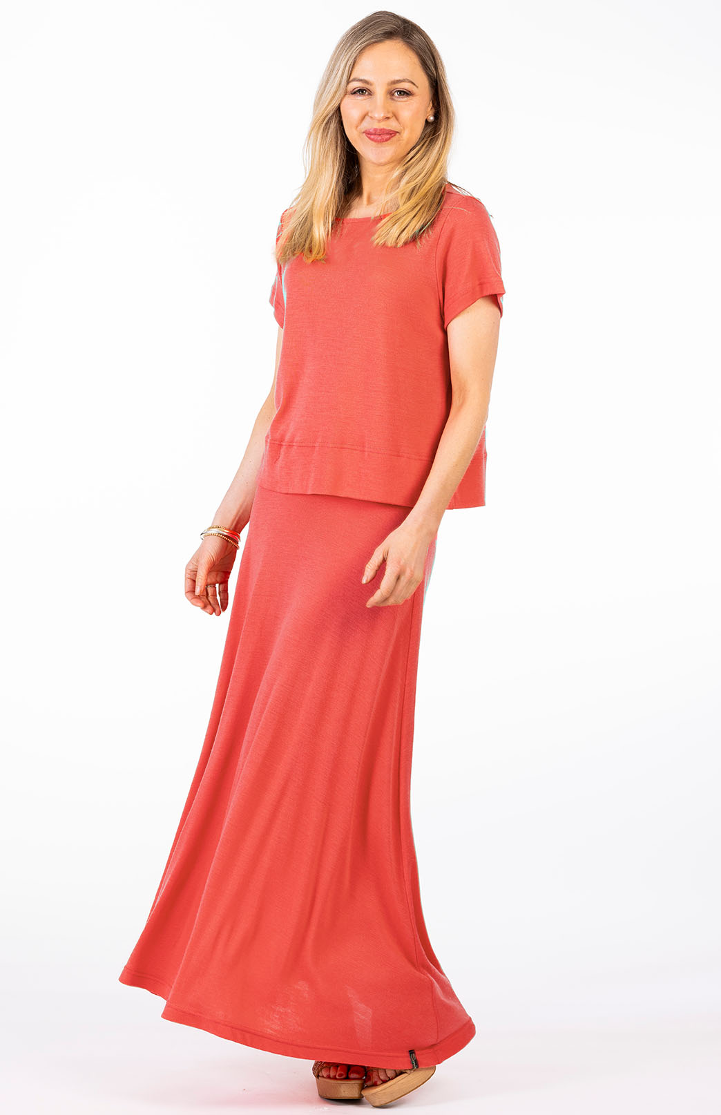 Begonia Pink Coral Women's Merino Wool Midweight A-Line Midi Skirt