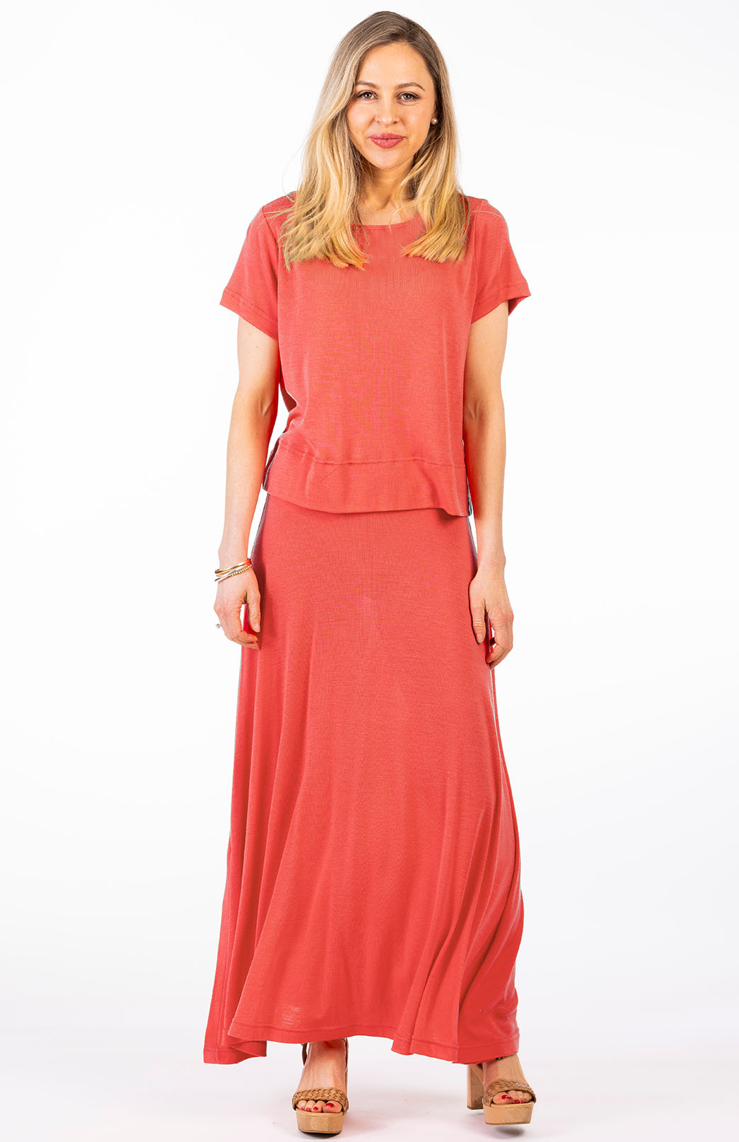 Begonia Pink Coral Women's Merino Wool Midweight A-Line Midi Skirt