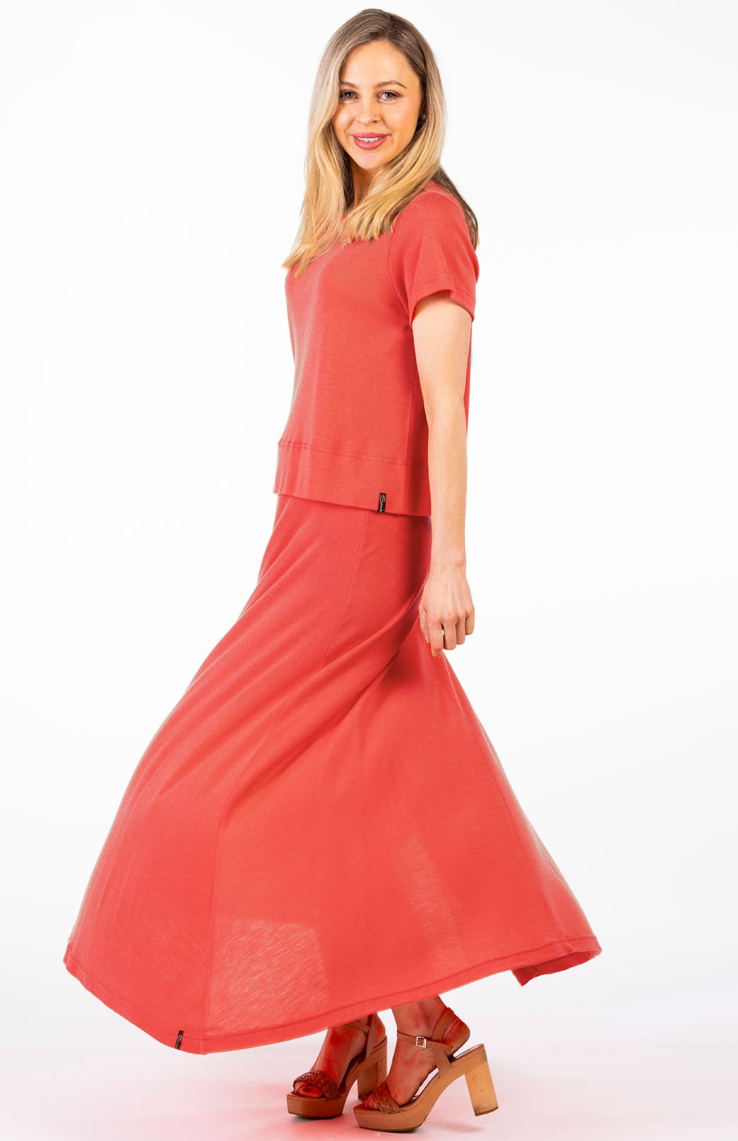 Begonia Pink Coral Women's Merino Wool Midweight A-Line Midi Skirt