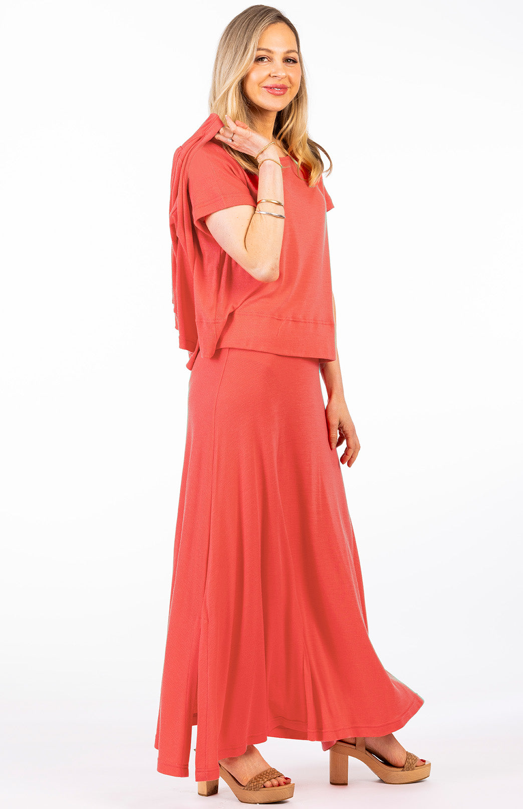 Begonia Pink Coral Women's Merino Wool Midweight A-Line Midi Skirt