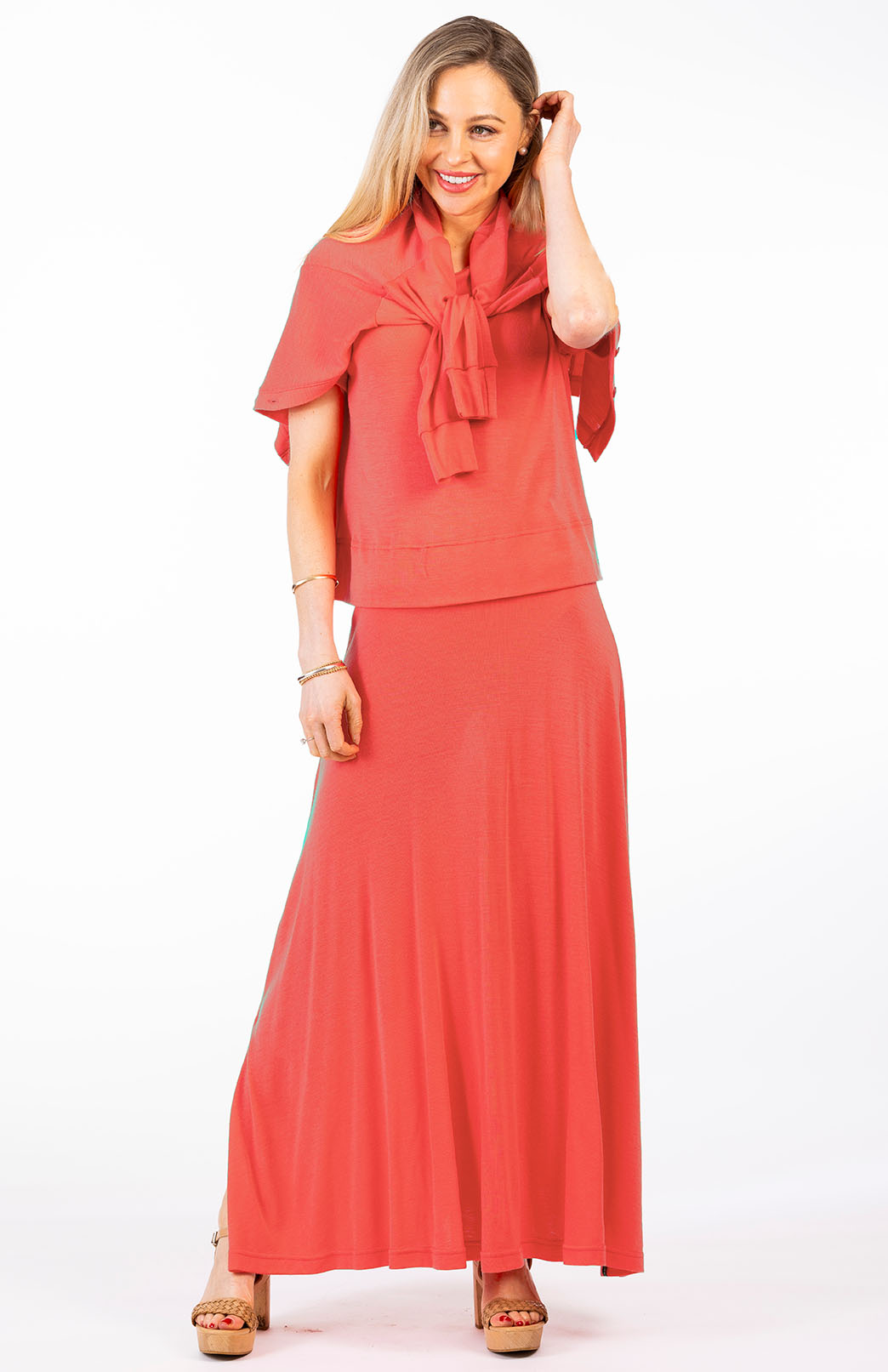 Begonia Pink Coral Women's Merino Wool Midweight A-Line Midi Skirt