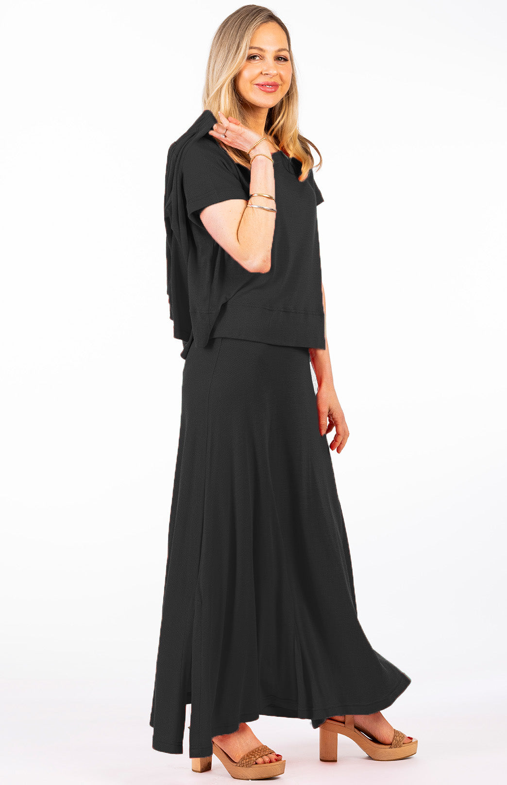 Black Women's Merino Wool Midweight A-Line Midi Skirt