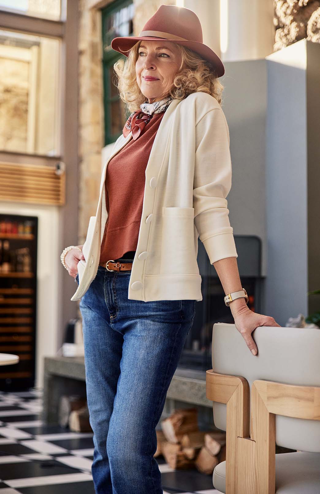 Vintage Ivory Women's Merino Wool Ponte Relax Fit Cardigan with Buttons
