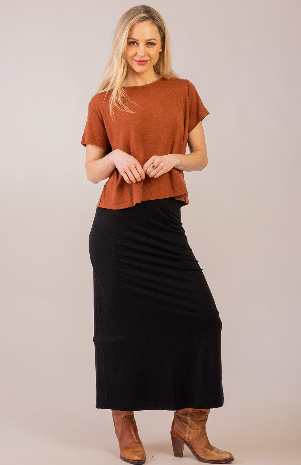 Our model wearing Eliza Top with Maxi Skirt
