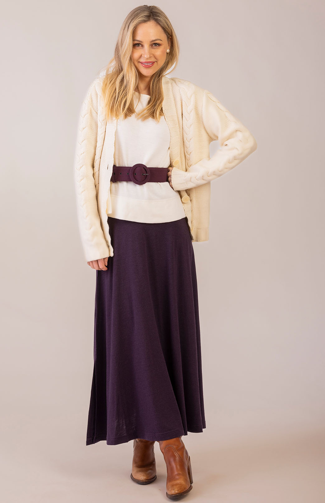 Mulberry Purple Women's Merino Wool Midweight A-Line Midi Skirt