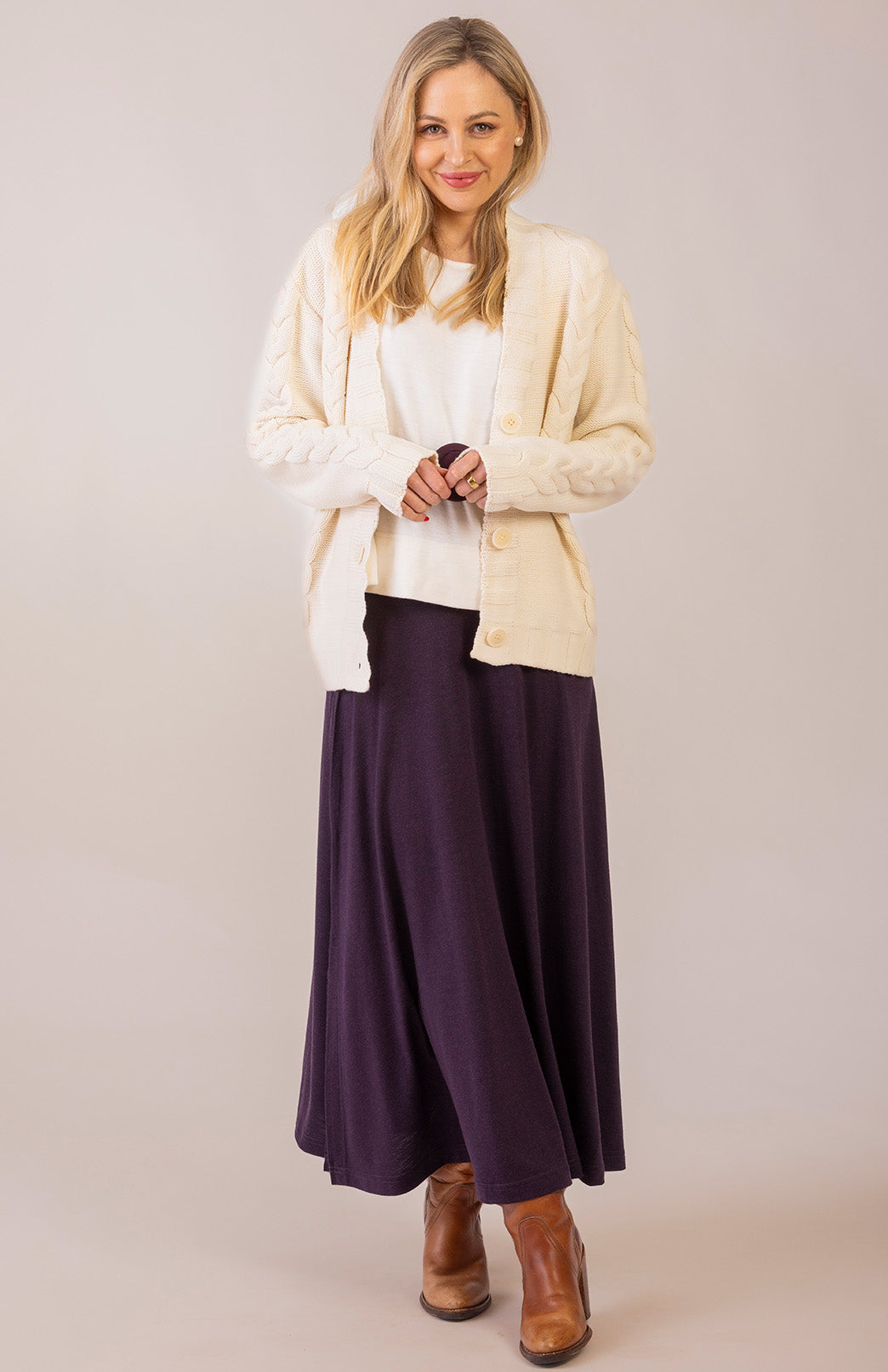 Ivory Women's Merino Wool Cable Knit Cardigan