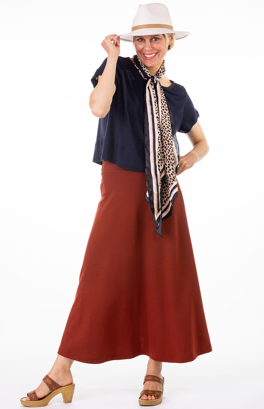 Shiraz Red Women's Merino Wool Ponte A-Line Midi Skirt