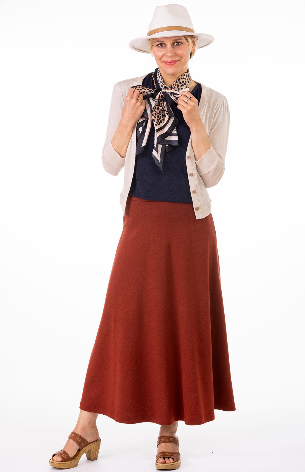 Shiraz Red Women's Merino Wool Ponte A-Line Midi Skirt